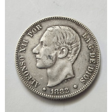 Moeda Antiga Espanha 2 Pesetas 1882 - Alfonso XII - Prata - Rara