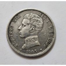 Moeda 1 Peseta Espanha 1903 Prata - Alfonso XIII - MBC-S