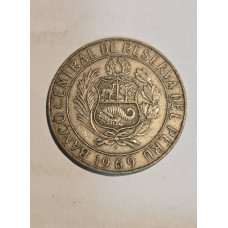 Moeda Antiga Peru 5 Soles de Oro 1969 - Desenho Kero Inca (Lhama) - Cuproníquel