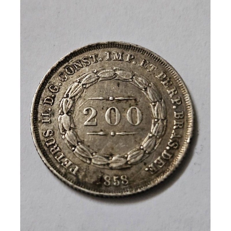 Moeda Brasil 200 Réis 1858 - D. Pedro II | Coroa de Espinhos | Numismática