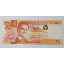 Adicione esta cédula de 20 pesos filipinos de 2022 à sua coleção. Em perfeito estado (Flor de Estampa - FE), apresenta o retrato