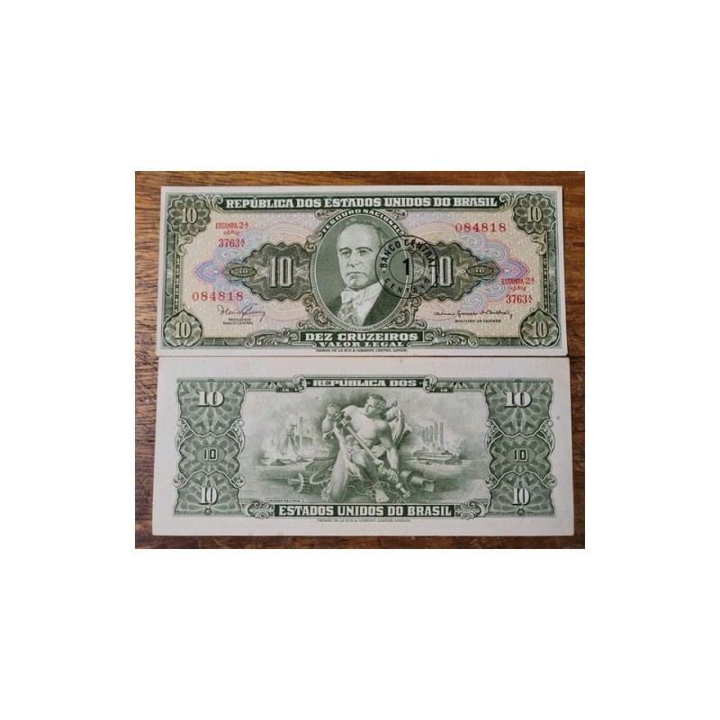 Cédula Brasil 10 cruzeiros carimbo 1 centavo C114 FE