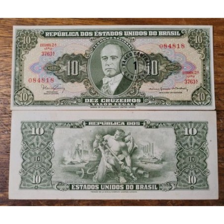 Cédula Brasil 10 cruzeiros carimbo 1 centavo C114 FE