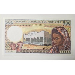 Cédula 500 Francos Comores 1986 (P10a) - FE (Flor de Estampa)