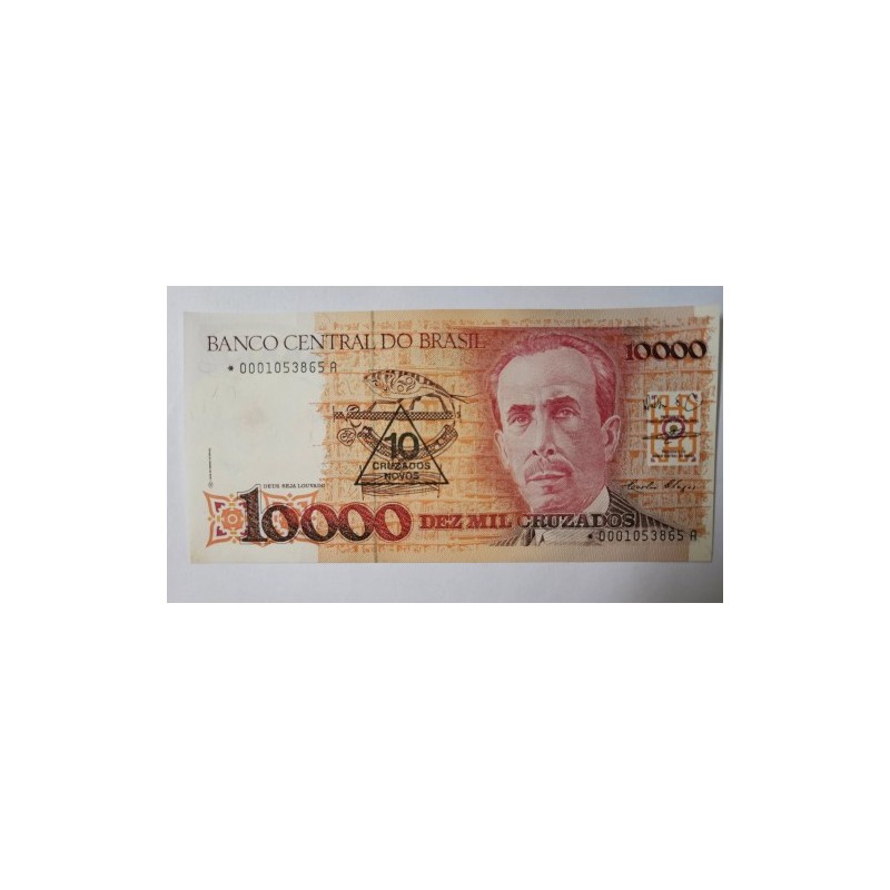 Cédula Brasil 10 Mil Cruzados  Carimbo 10 Cruzados Novos - Série Asterisco Reposição FE