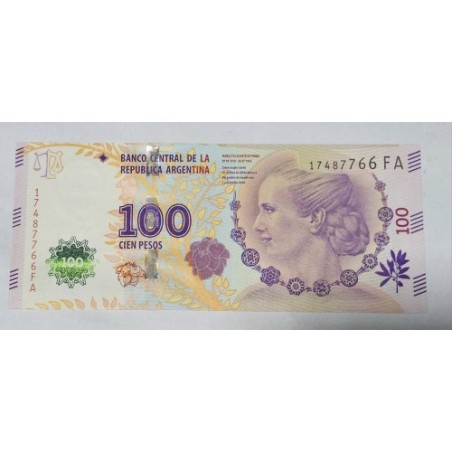 Cédula da Argentina 100 pesos 60 anos evita peron FE P358