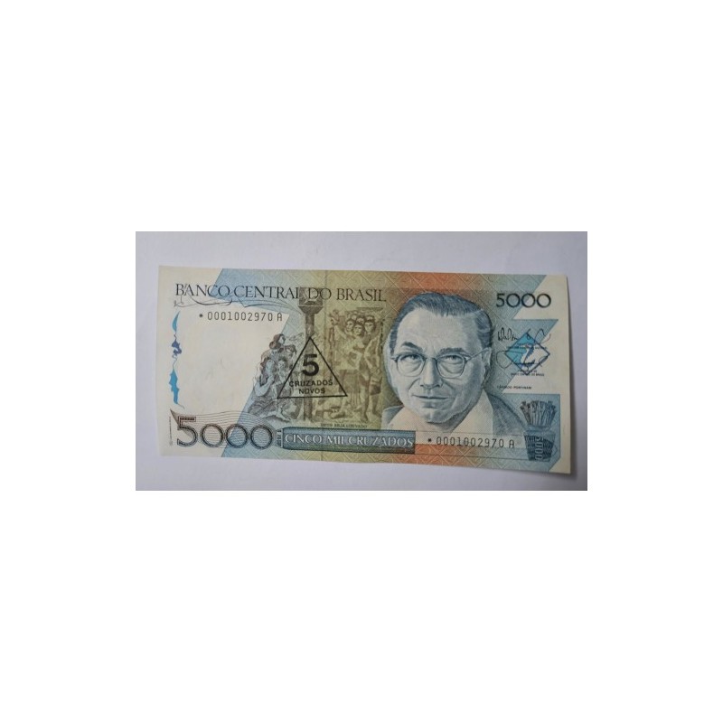 Cédula Brasil 5 Mil Cruzados Novos  - Série Asterisco Reposição FE