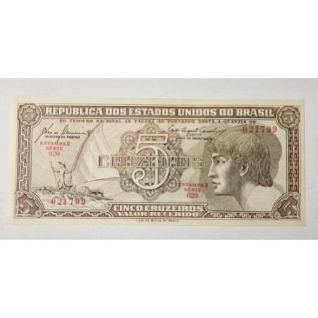 Adquira esta cédula de 5 Cruzeiros do Brasil, série 020, em excelente estado de conservação "Flor de Estampa" (FE). A