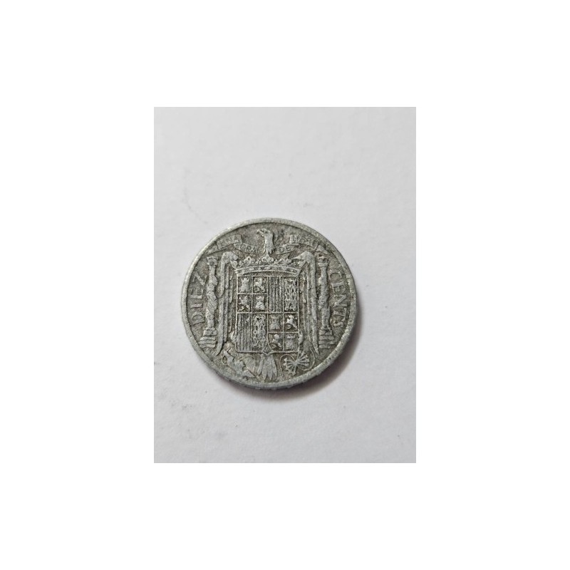 Moeda 10 Cêntimos Espanha 1941 - Período Franco - Cavaleiro e Brasão - Zinco - Numismática Espanhola