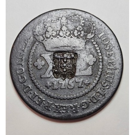 Moeda Brasil cobre XL reis 1757 Carimbo de escudete Guineae C175