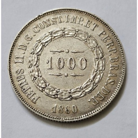 Moeda Brasil império 1000 reis 1860 prata terceiro sistema MBC