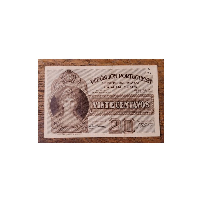 Cédula de Portugal 20 centavos 1925 soberba