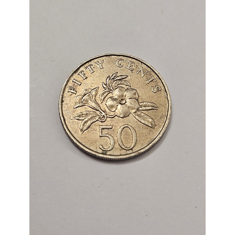 Moeda Singapura 50 Cents 1988 - Flor de Allamanda Amarela / Brasão Nacional