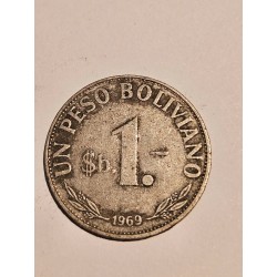 Moeda Bolívia 1 Peso Boliviano 1969 - Emblema Nacional e Sol Radiante - Data Clássica