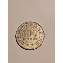 Moeda Peru 100 Soles de Oro 1982 - Cuproníquel - Brasão Nacional (Vicuña, Cornucópia, Árvore)