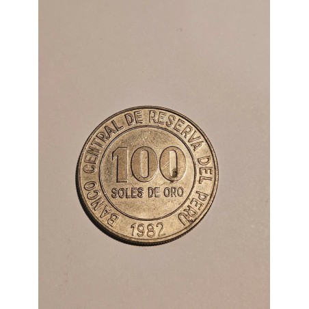 Moeda Peru 100 Soles de Oro 1982 - Cuproníquel - Brasão Nacional (Vicuña, Cornucópia, Árvore)