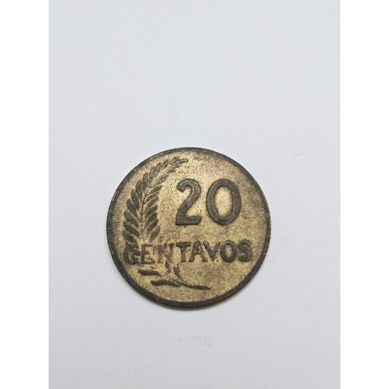 Moeda Peruana 20 Centavos 1953 - Cabeça da Liberdade / Ramo de Oliveira - Coleção Sul-Americana