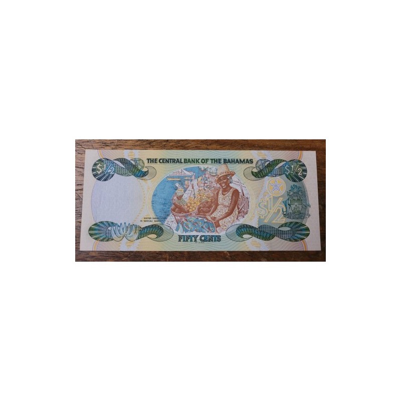 Cédula de Bahamas meio dólar Fe P68 Rainha Elizabeth II