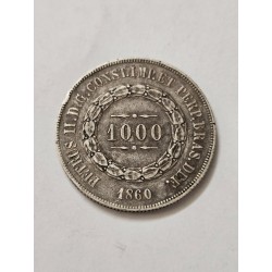 Moeda Brasil Império 1000 réis 1860 prata terceiro sistema MBC