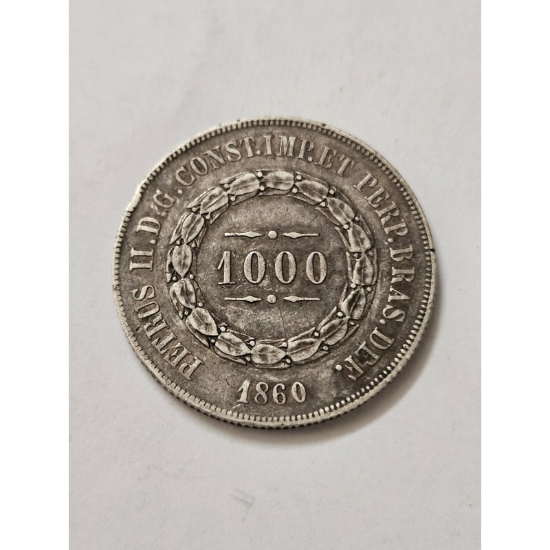 Moeda Brasil Império 1000 réis 1860 prata terceiro sistema MBC