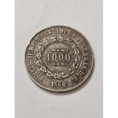 Moeda Brasil Império 1000 réis 1860 prata terceiro sistema MBC