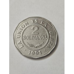 2 Bolivianos 1991 Bolívia - Escudo Nacional e "La Unión es la Fuerza" - Colecionismo