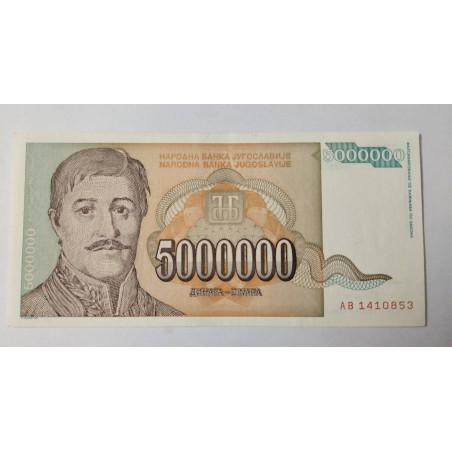 Cédula Iugoslávia 5 Milhões Dinares 1993 P-132a | Hiperinflação Rara