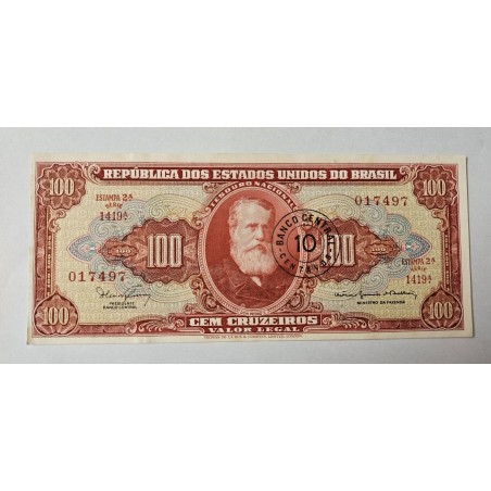 Cédula Brasil 100 cruzeiros carimbo 10 centavos C118 FE Vermelha Segunda Estampa