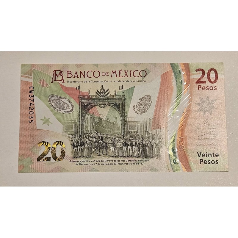 Cédula do México 20 pesos polímero FE Bicentenário da Independência