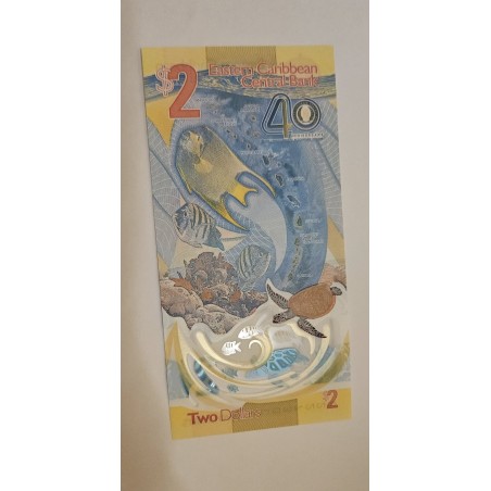Cédula Eastern Caribean 2 dólares polímero 40 anos banco central FE