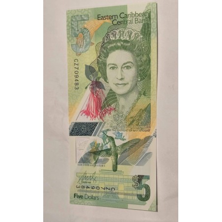 Cédula Eastern Caribean 5 dólares polímero FE Rainha Elizabeth II