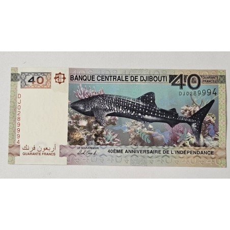 Cédula 40 Francos Djibouti 2017 - 40 Anos de Independência - Tubarão Baleia - FE