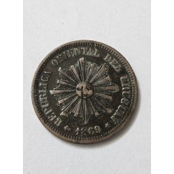Moeda Uruguai 2 Centésimos 1869 A - Sol de Maio - Bronze KM12
