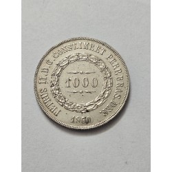 Moeda Brasil Império 1000 réis 1860 prata MBC Terceiro Sistema