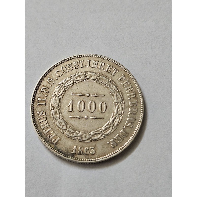 Moeda Brasil Império 1000 réis 1863 prata MBC
