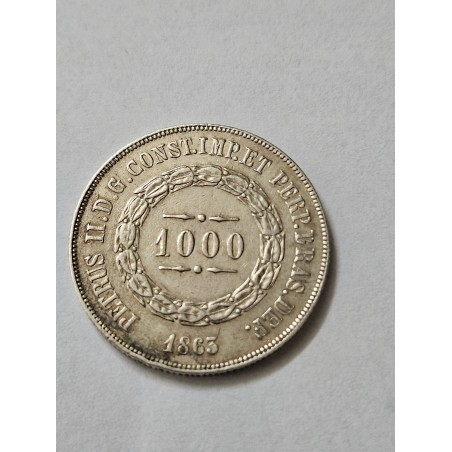 Moeda Brasil Império 1000 réis 1863 prata MBC