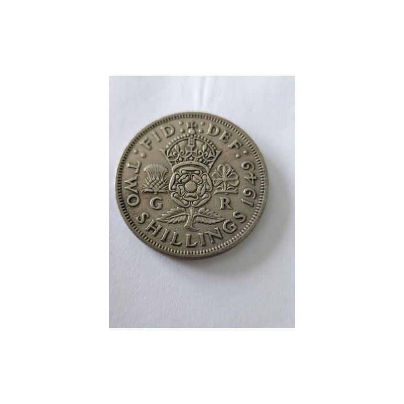 Venda de moeda de 2 Shillings da Inglaterra de 1949. Item histórico com o Rei George VI, ideal para colecionadores de numismátic