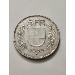 Moeda da Suíça 5 francos 1933B prata