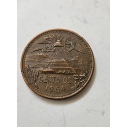 Venda de moeda rara de 20 centavos do México de 1964. Item de coleção com a Pirâmide do Sol e a águia mexicana, ideal para numis