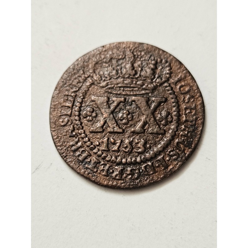 Moeda Brasil XX réis 1753 C107 data entre pontos