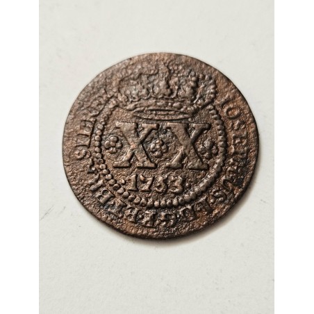 Moeda Brasil XX réis 1753 C107 data entre pontos