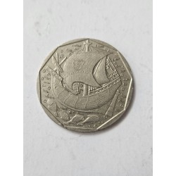 Venda de moeda de 50 escudos de Portugal, ano de 1989. Item numismático raro com a caravela e o brasão de armas. Perfeito para c