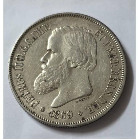 Moeda Brasil 2000 Reis 1869 Luster F prata terceiro sistema MBC-S