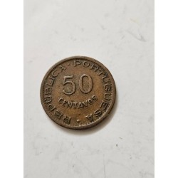 Venda de moeda rara de 50 centavos de Angola de 1961. Item de coleção com brasão colonial português, ideal para numismatas e col