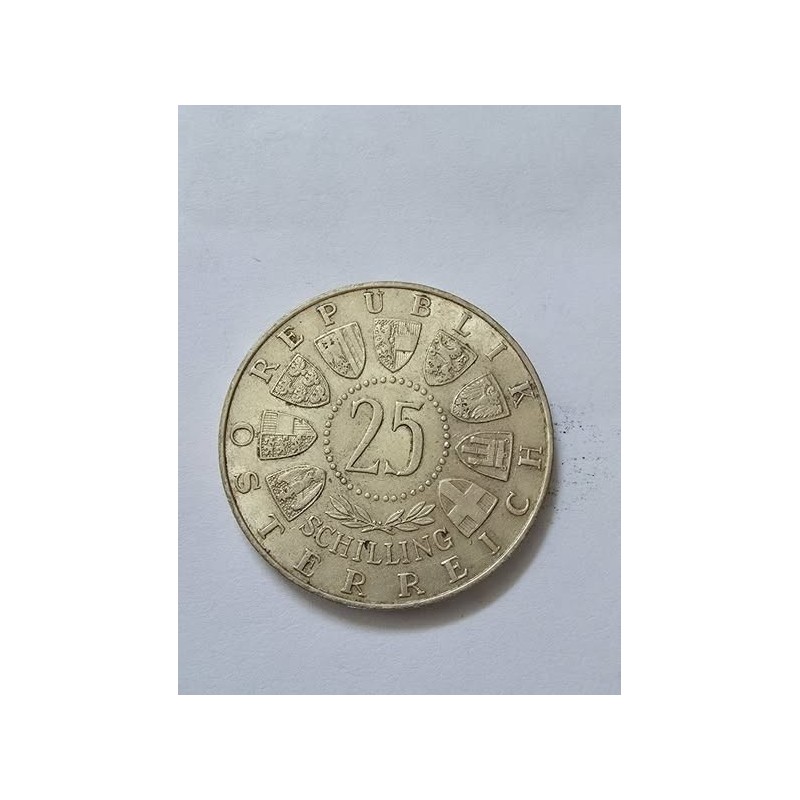 Moeda da Austria 25 shillings prata 800 13g Amadeus Mozart 1956