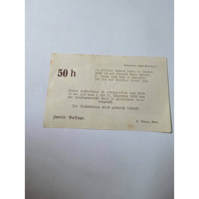 Notgeld Austria 50 heller Municipio Gars a Kamp