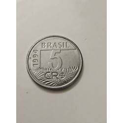 Moeda de 5 Cruzeiros Reais do Brasil - 1994 - Araras e Fauna Brasileira