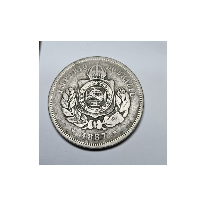 Moeda Brasil Império 200 réis 1887 fundo linhado MBC