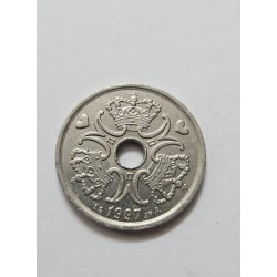 Adquira esta autêntica moeda de 2 Coroas da Dinamarca, cunhada em 1997, com o distintivo orifício central. Uma peça moderna e ún