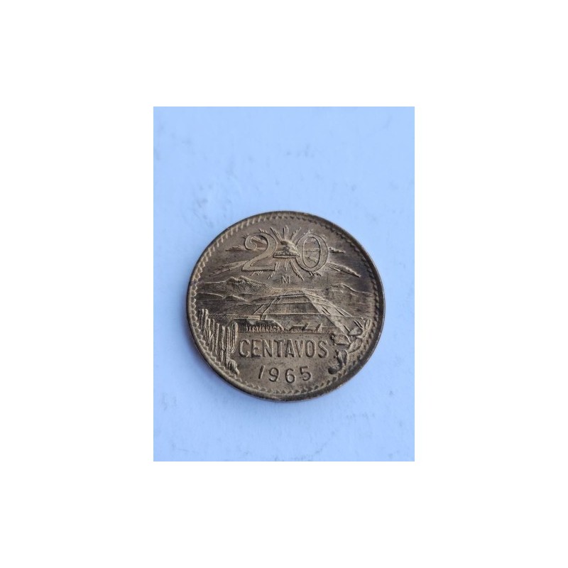 Venda de moeda de 20 centavos do México, ano de 1965. Apresenta a Pirâmide da Lua em Teotihuacán e a águia mexicana. Item de col